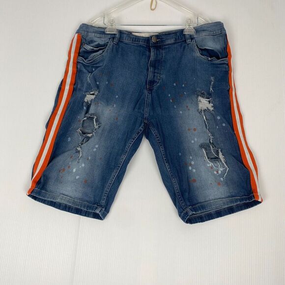 Spark Jean Shorts Mens SZ 42 Blue Medium‎ Wash Premium Denim Orange Stripe Jorts - Picture 13 of 14
